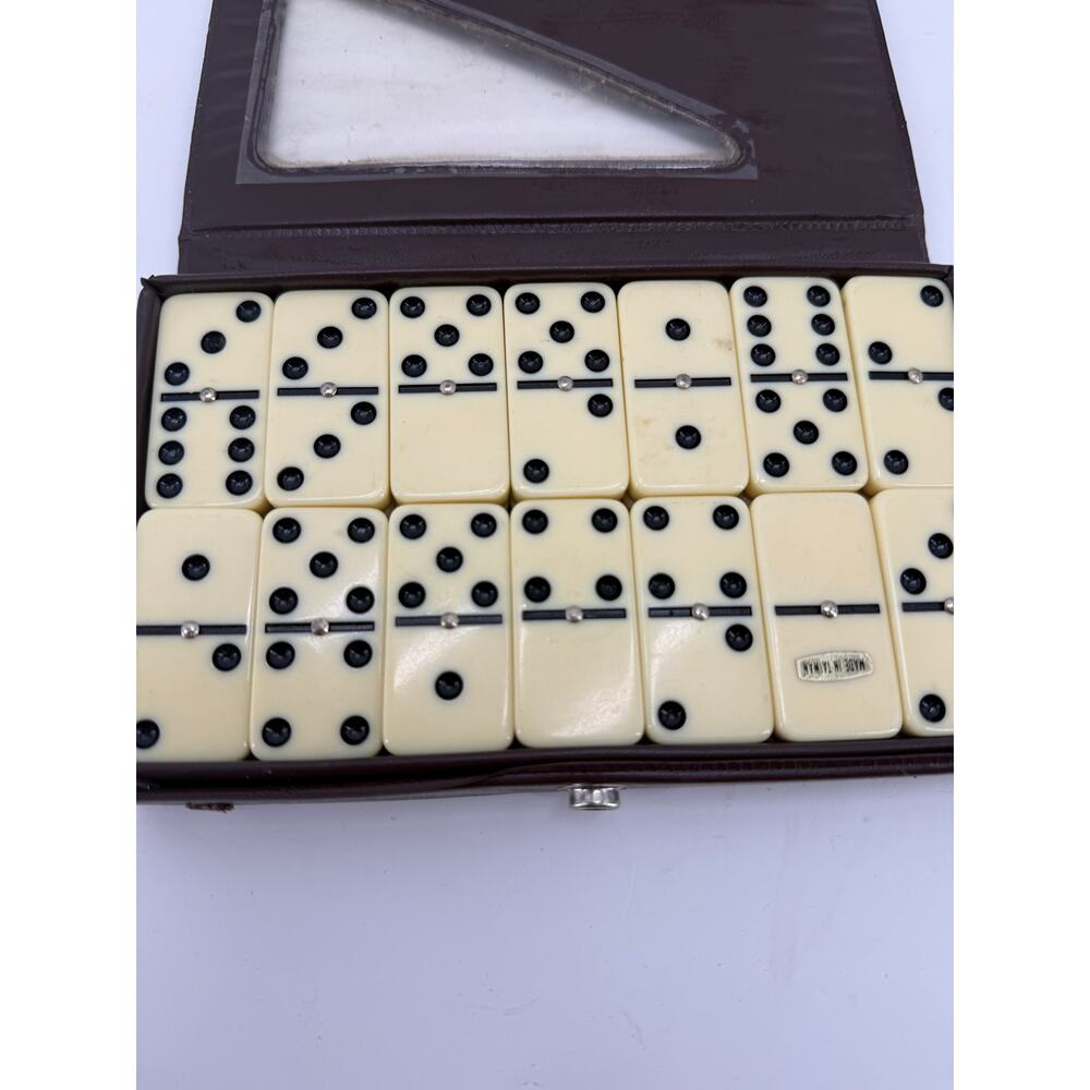 Vintage Double Six Dominoes Set Faux Ivory Black Dots Retro Game Carrying Case - Picture 2 of 5